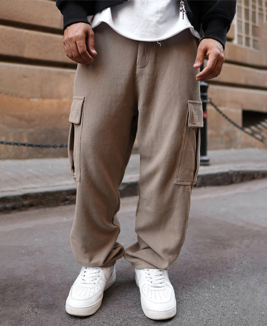 Beige Cargo Pocket Baggy Fit Track Pant