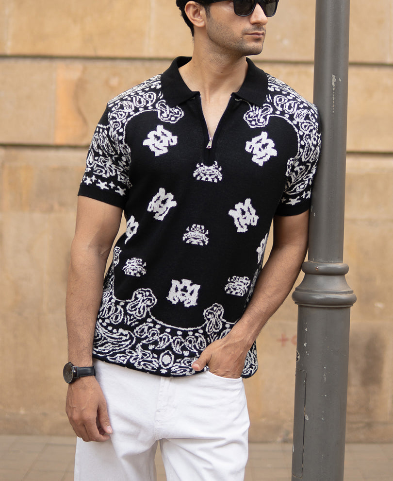 Black Bandana Knit Polo T-Shirt 100% Cotton