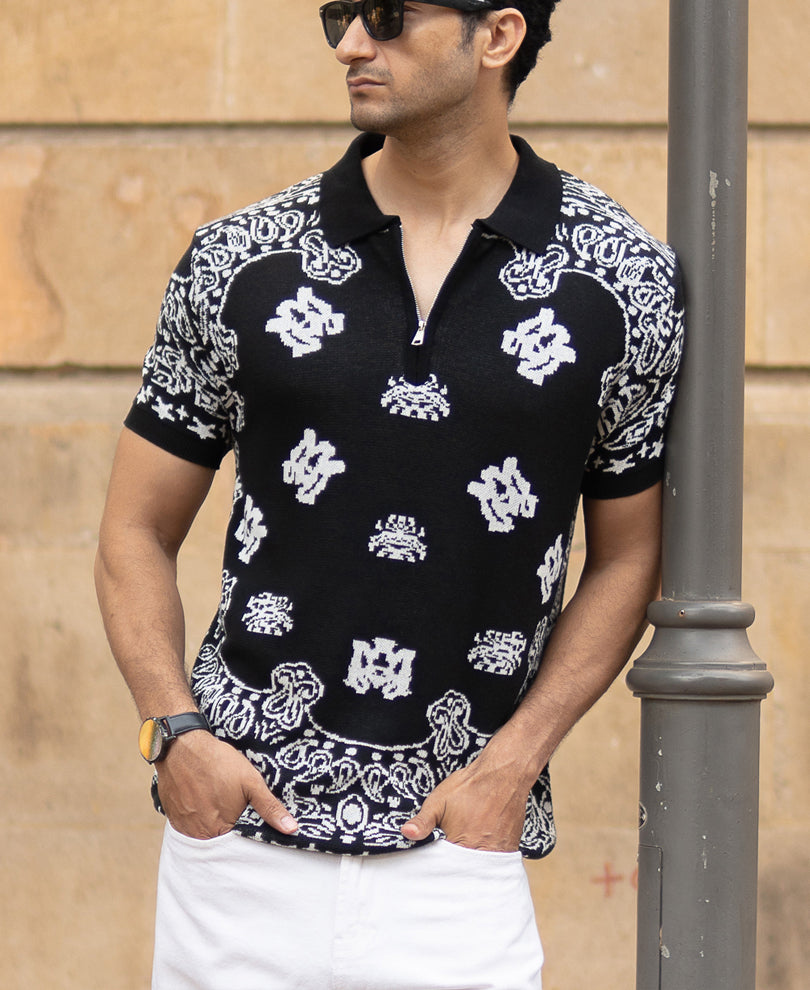 Black Bandana Knit Polo T-Shirt 100% Cotton