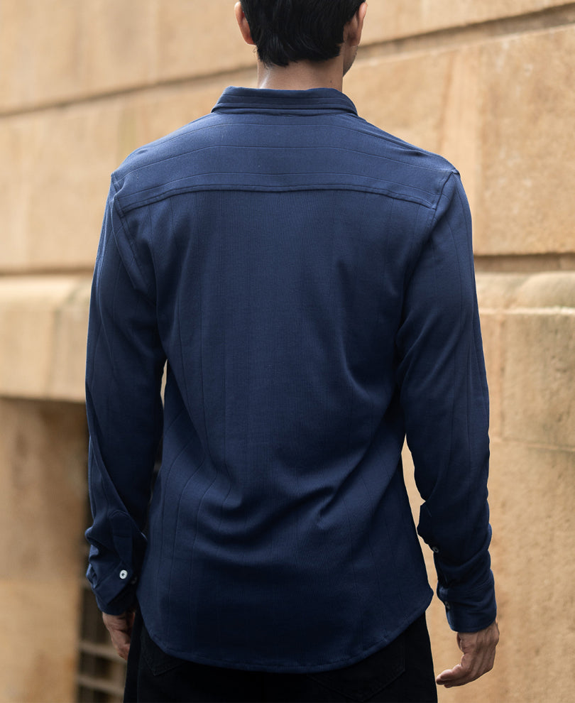 Navy Knitted Button Down Shirt 100% Cotton