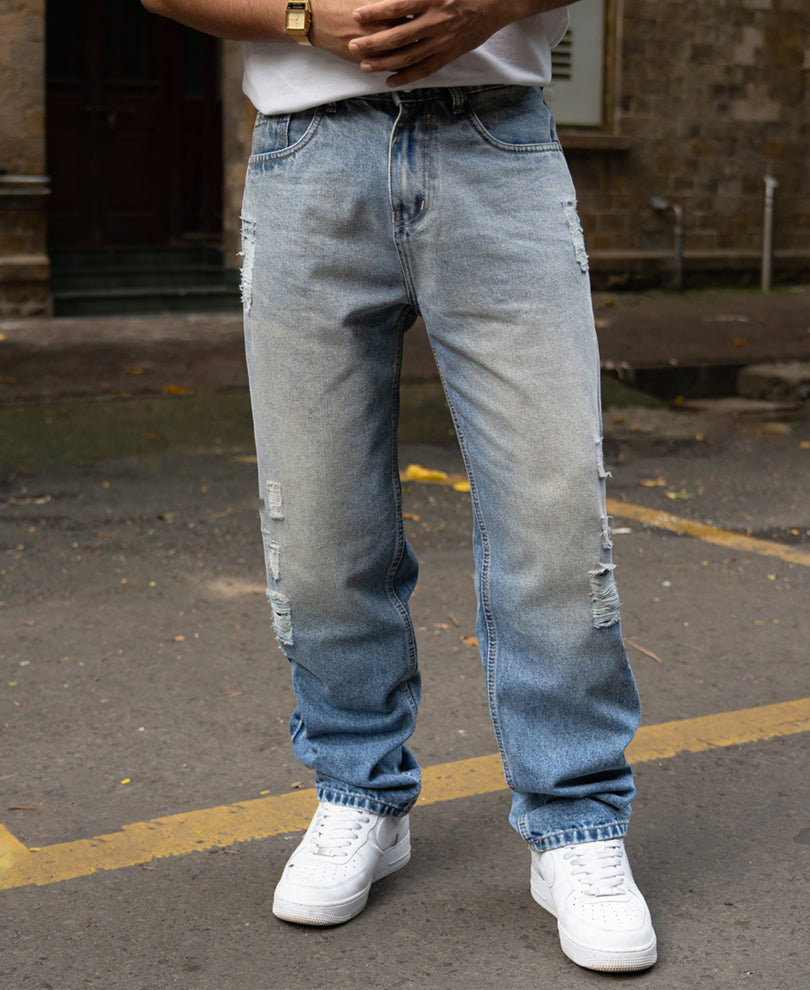 Mid Blue Baggy Distressed Jeans