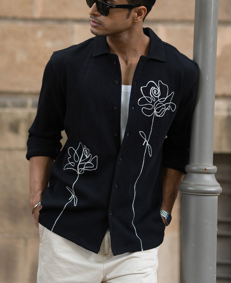 Black Knitted Embroidery Shirt
