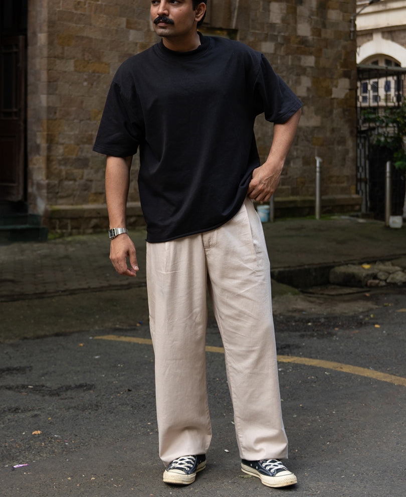Beige Contrast Belt Linen Trouser