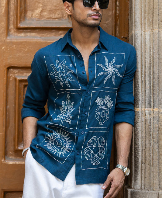 Blue Linen Blend Embroidery Shirt