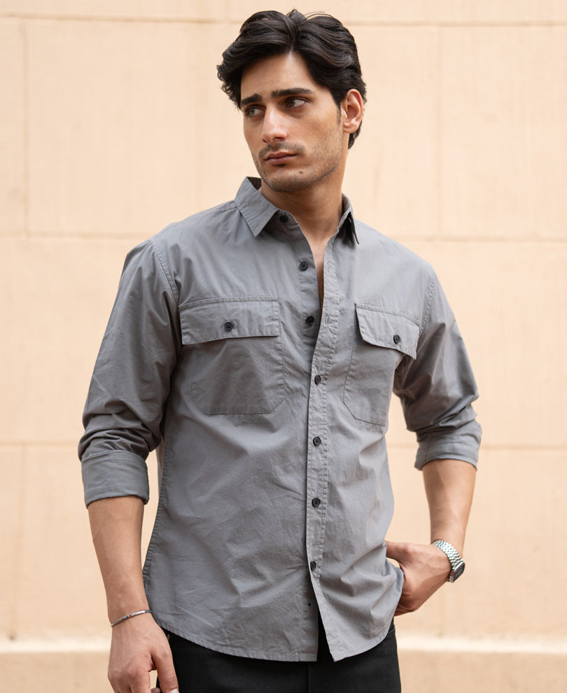 Grey Double Pocket Lightweight Shirt 100% Cotton