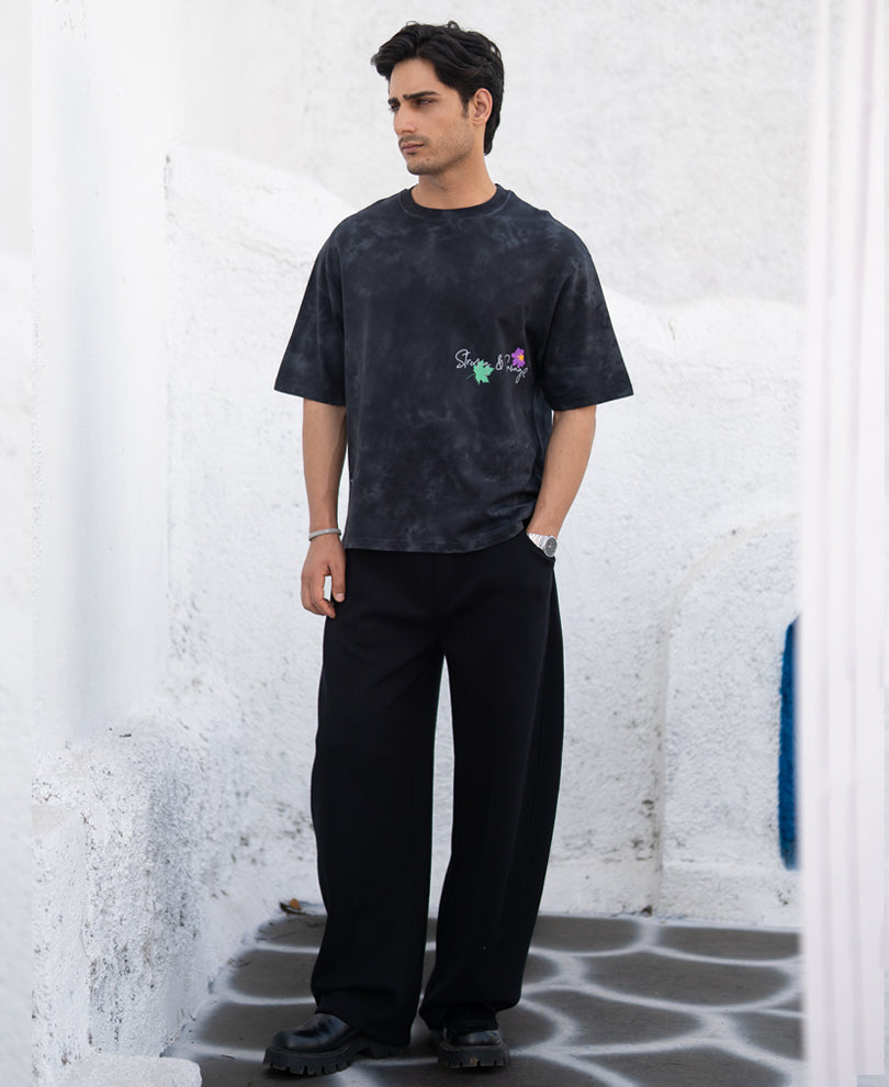 Black Washed Floral Print T-Shirt 100% Cotton