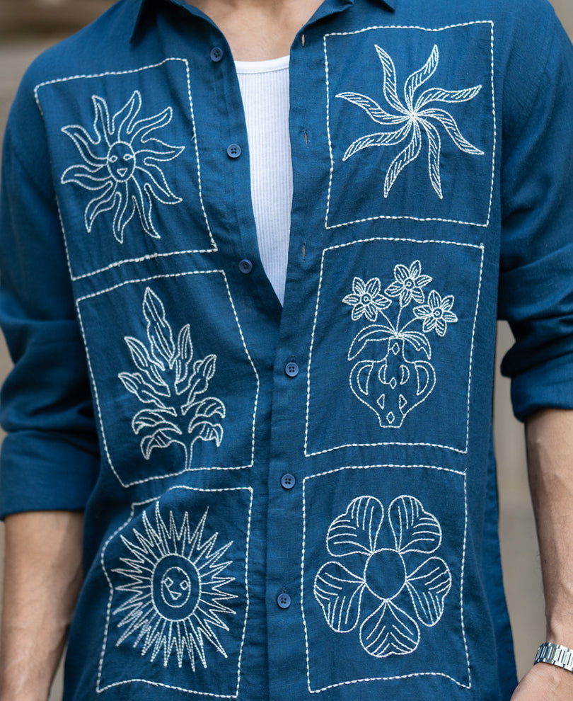 Blue Linen Blend Embroidery Shirt