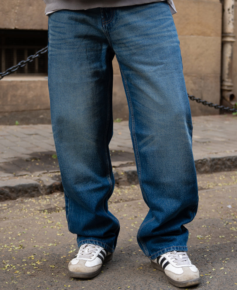 Dark Blue Washed Baggy Fit Jeans