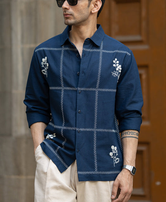 Navy Embrpoidery Linen Blend Shirt