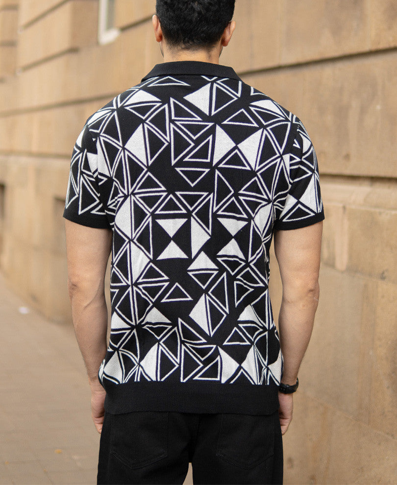 Black Geometric Knit Polo T-Shirt 100% Cotton