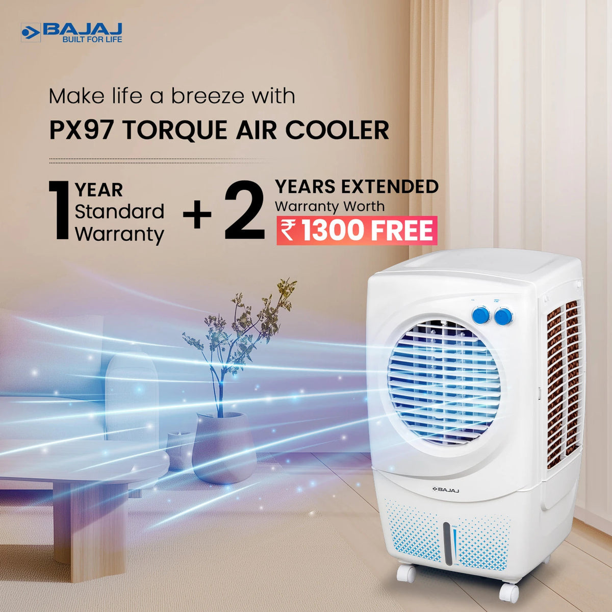 BAJAJ 36 L Room/Personal Air Cooler (White, PX97 TORQUE NEW)