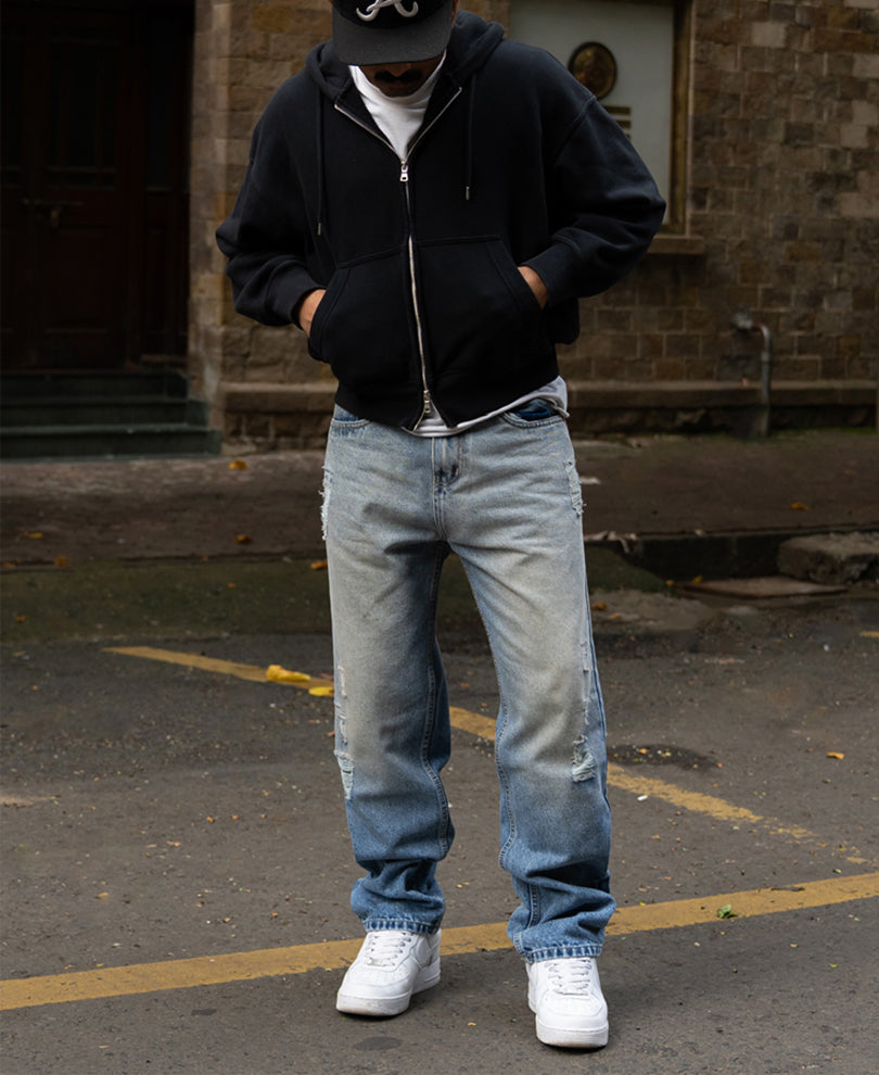 Mid Blue Baggy Distressed Jeans