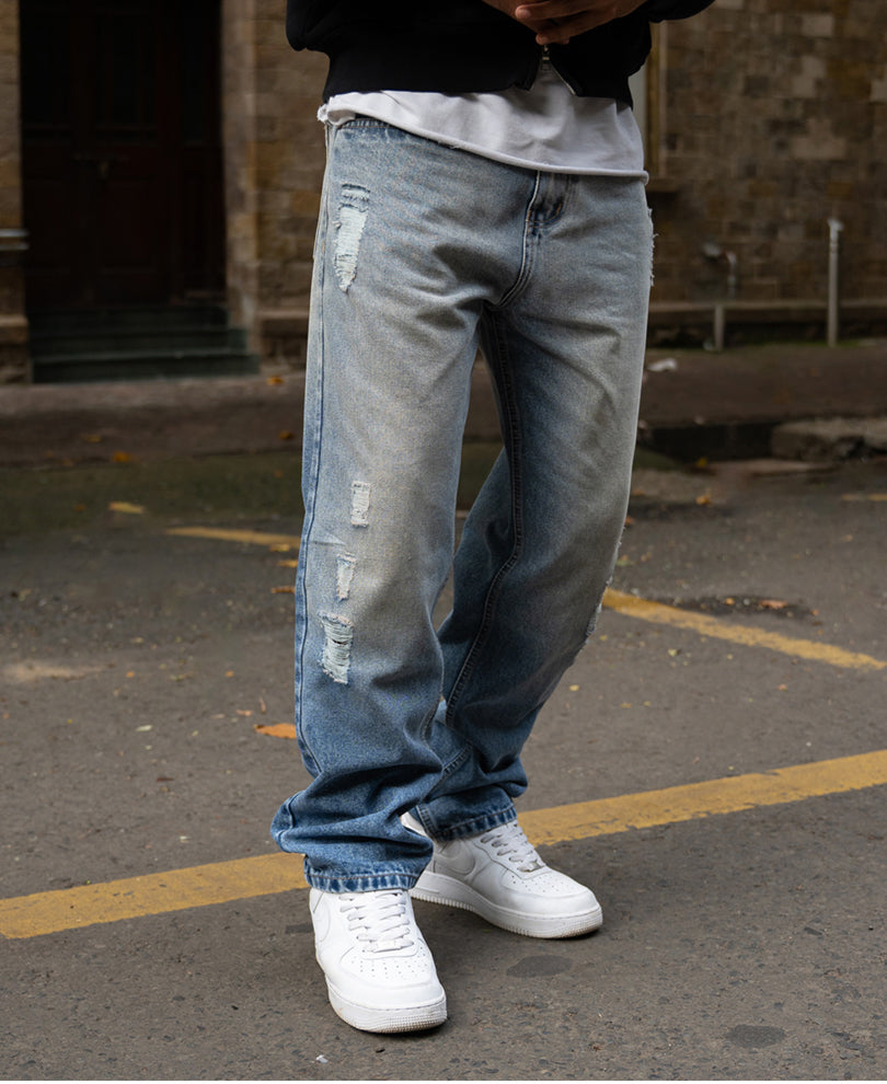 Mid Blue Baggy Distressed Jeans