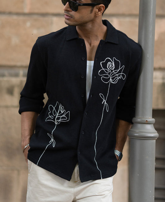 Black Knitted Embroidery Shirt