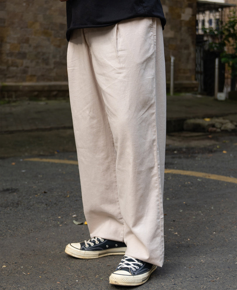 Beige Contrast Belt Linen Trouser