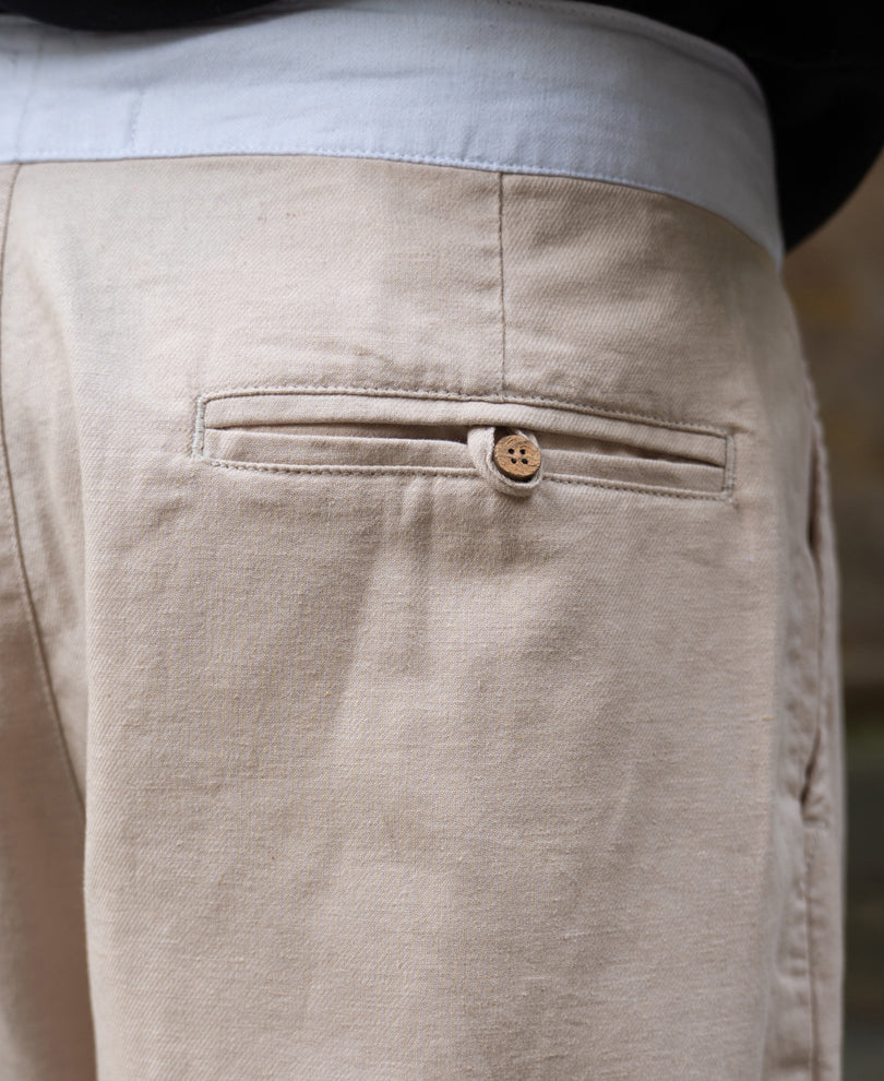 Beige Contrast Belt Linen Trouser