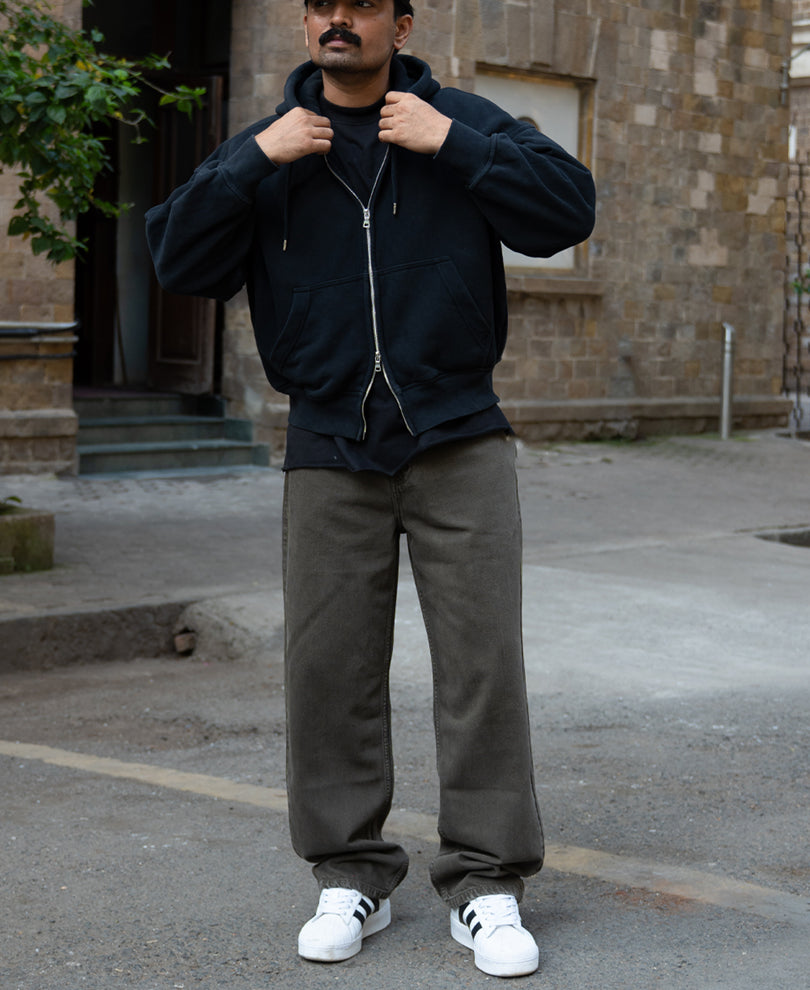 Dark Olive Washed Baggy Jeans 100% Cotton