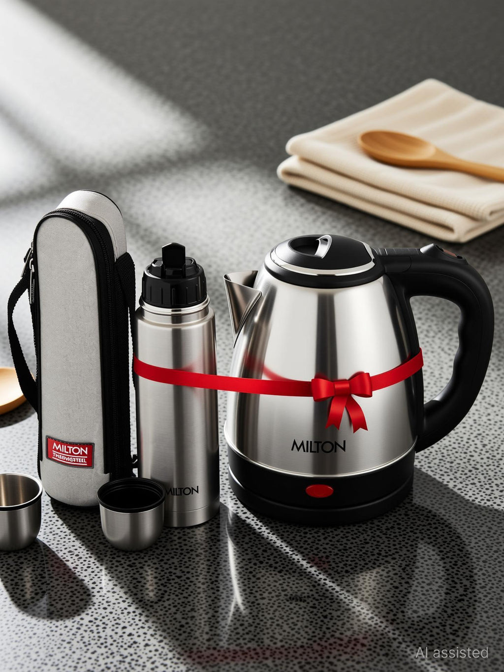 MILTON Go Electric Stainless Steel Kettle, 2 Litres and Flip Lid Bottle, 750 ml 2750 ml Steel Flask (Pack of 2, Silver)