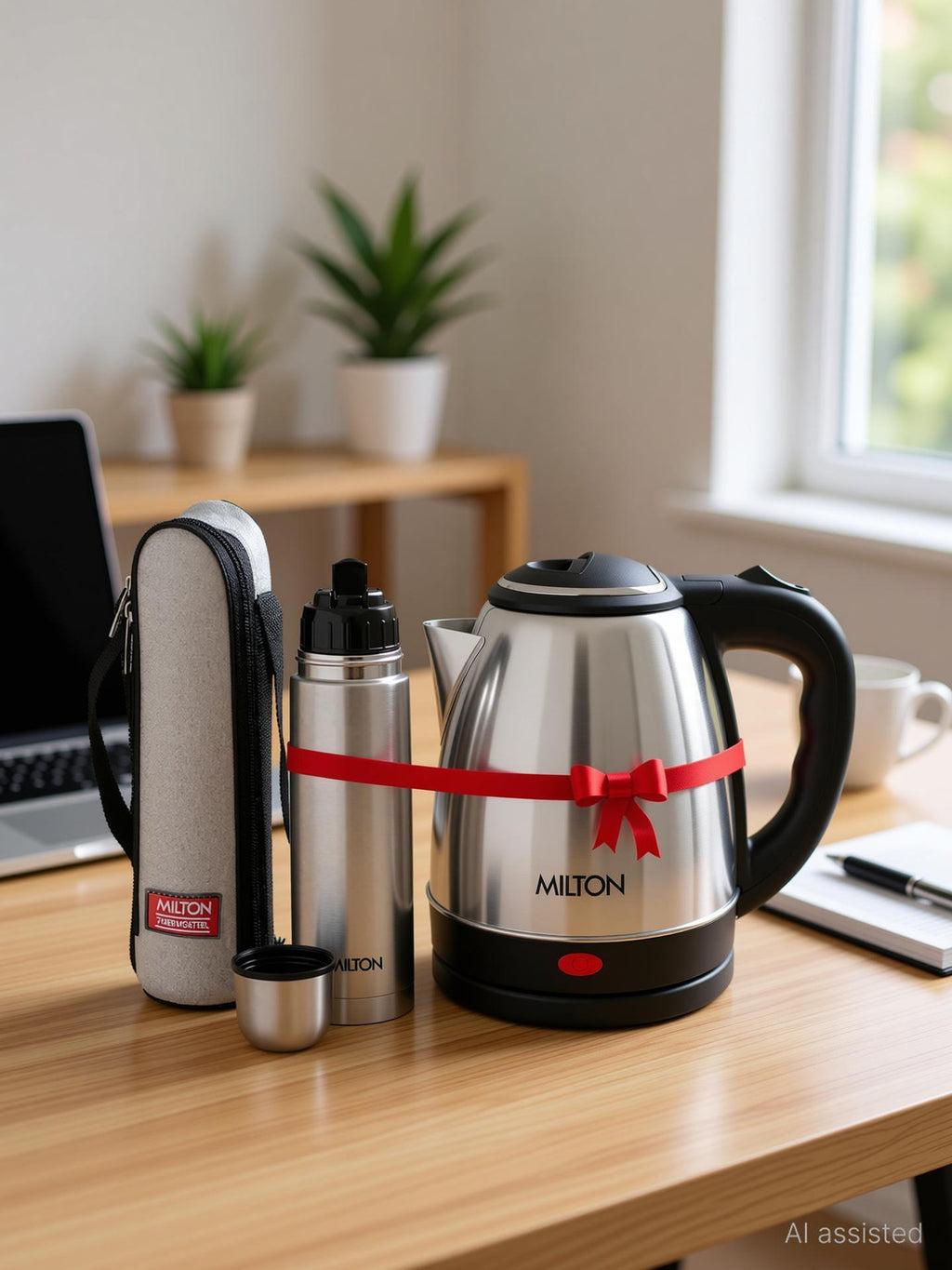 MILTON Go Electric Stainless Steel Kettle, 2 Litres and Flip Lid Bottle, 750 ml 2750 ml Steel Flask (Pack of 2, Silver)