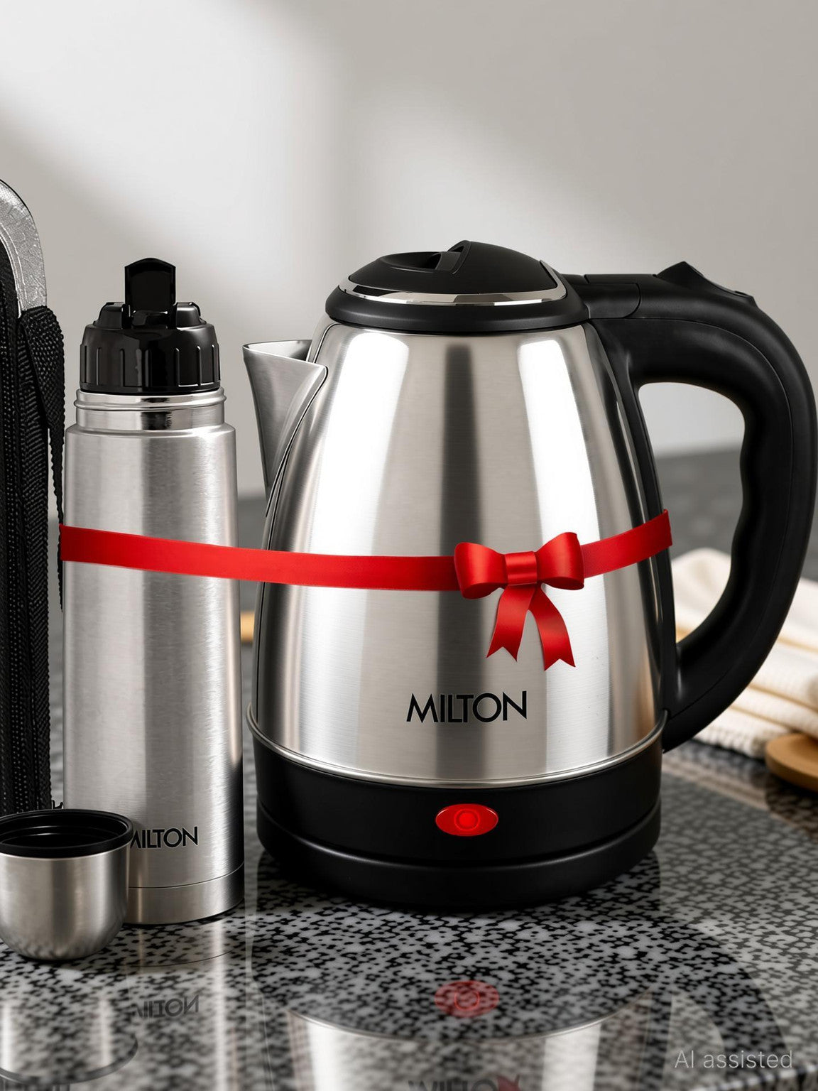 MILTON Go Electric Stainless Steel Kettle, 2 Litres and Flip Lid Bottle, 750 ml 2750 ml Steel Flask (Pack of 2, Silver)