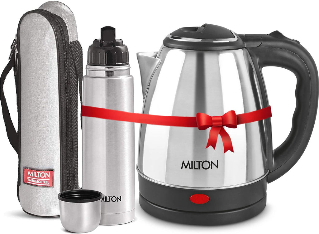 MILTON Go Electric Stainless Steel Kettle, 2 Litres and Flip Lid Bottle, 750 ml 2750 ml Steel Flask (Pack of 2, Silver)