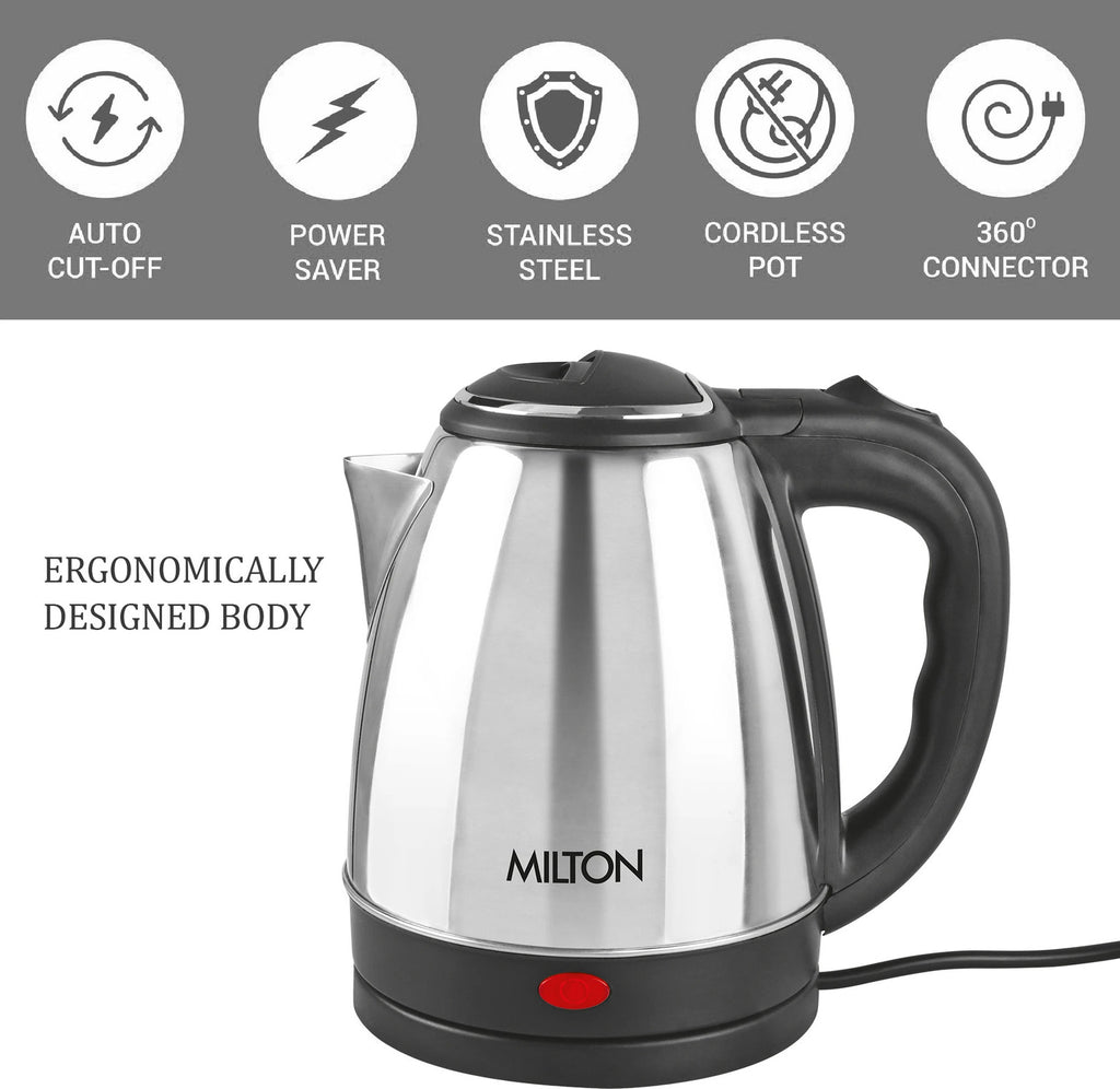 MILTON Go Electric Stainless Steel Kettle, 2 Litres and Flip Lid Bottle, 750 ml 2750 ml Steel Flask (Pack of 2, Silver)