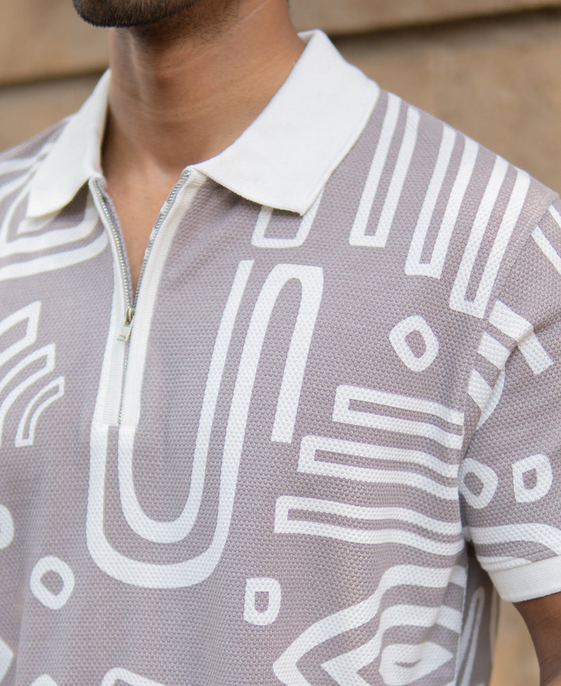 Grey Contrast Printed Polo T-Shirt 100% Cotton