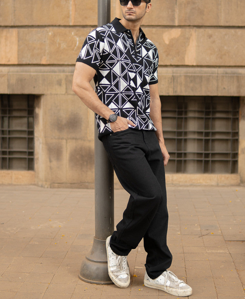 Black Geometric Knit Polo T-Shirt 100% Cotton