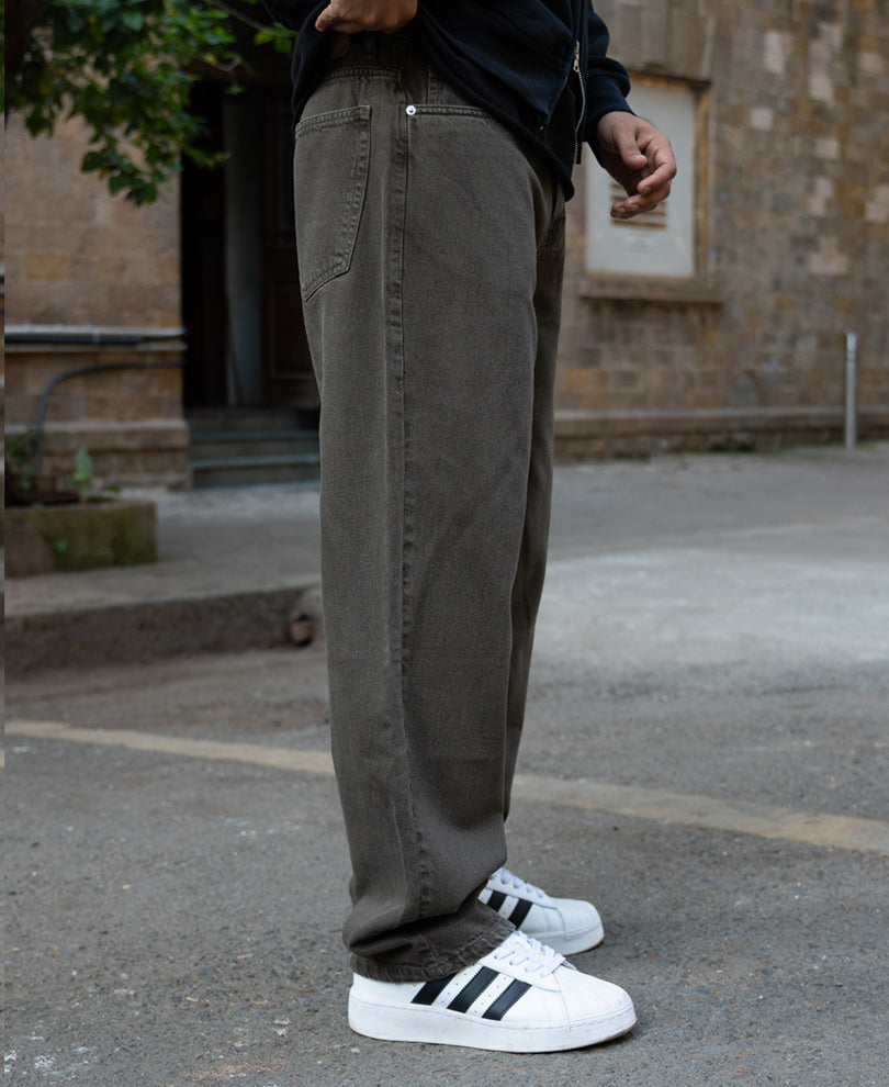 Dark Olive Washed Baggy Jeans 100% Cotton