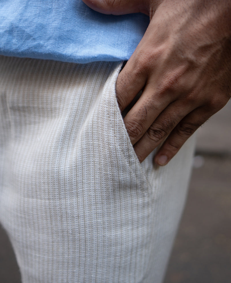 Beige Self Stripe Linen Pant