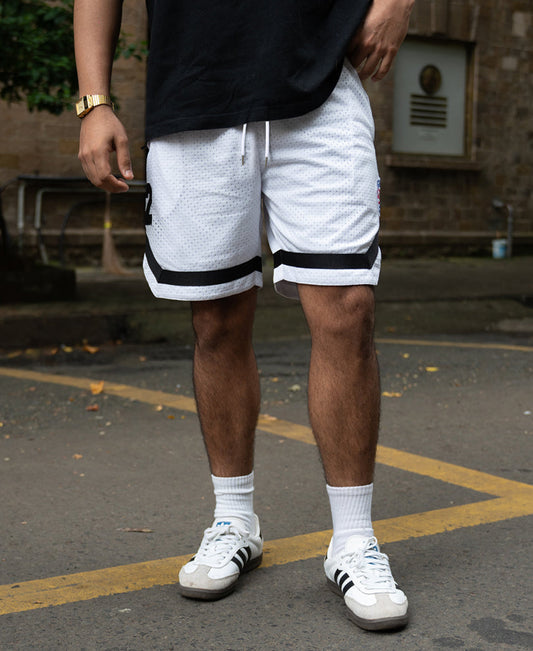 White Embroidered Mesh Basketball Shorts