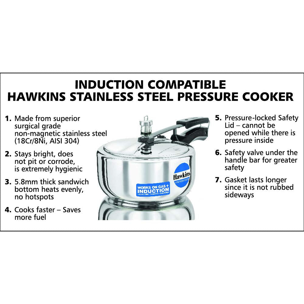 Click to see full view   2 VIDEOS     2+ Hawkins 3 Litre Inner Lid Pressure Cooker, Stainless Steel Cooker, Induction Cooker, Silver (HSS3W)