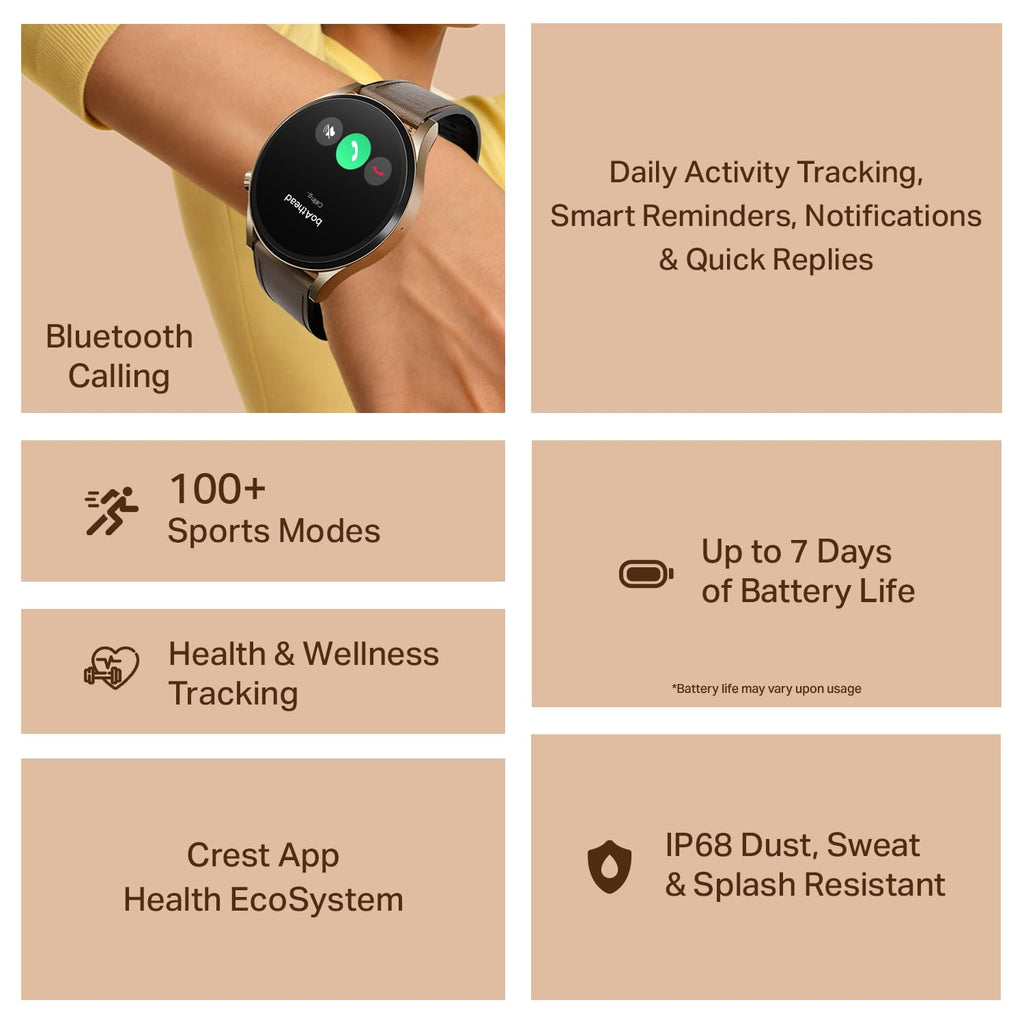 Boat Chrome Horizon, Premium Metal Body, Video Watch Faces, 1.51”(3.83cm) AMOLED Round Display, HRV & VO2 Max, Auto-Activity Detection, ASAP Charge, HRV Smartwatch for Men & Women (Coco Brown)