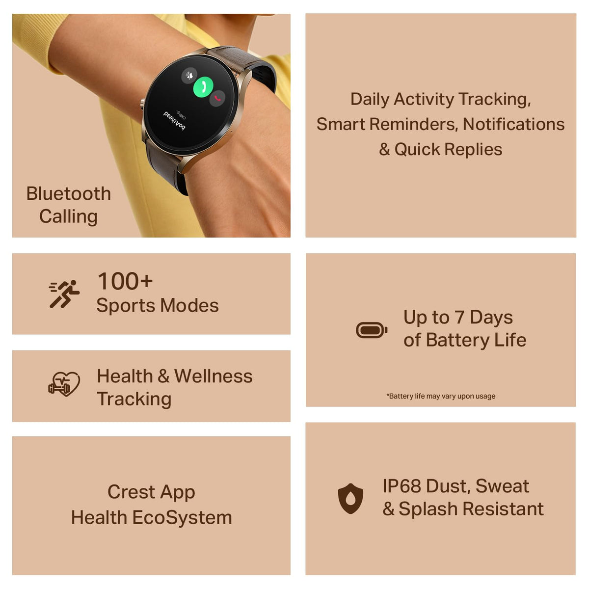 Boat Chrome Horizon, Premium Metal Body, Video Watch Faces, 1.51”(3.83cm) AMOLED Round Display, HRV & VO2 Max, Auto-Activity Detection, ASAP Charge, HRV Smartwatch for Men & Women (Coco Brown)