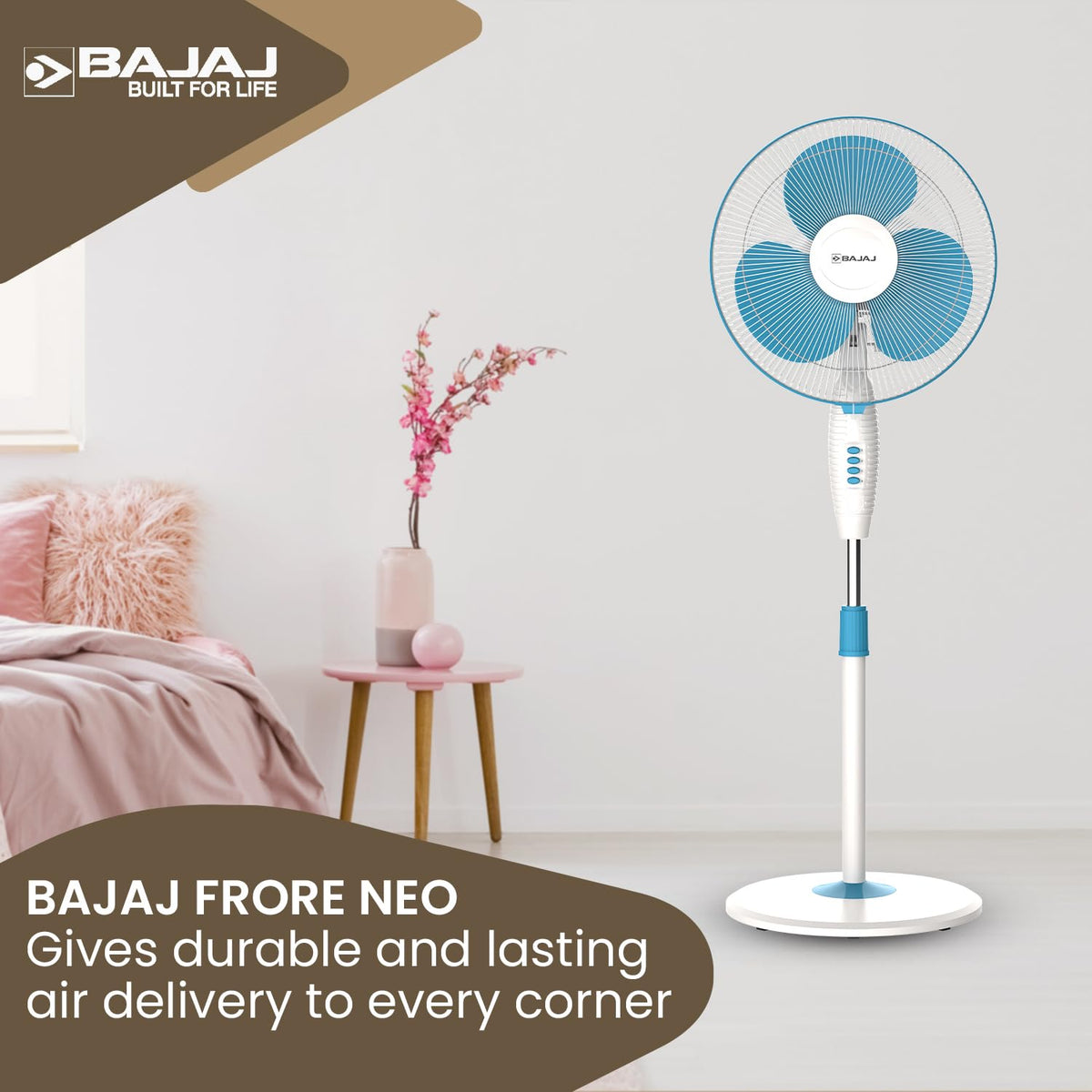 Bajaj Frore Neo 400 MM Oscillating Pedestal Fan For Home | Aerodynamically Balanced Blades | 100% Copper Motor | High Air Delivery | 3-Speed Control | Rust Free | 2 Yrs Warranty
