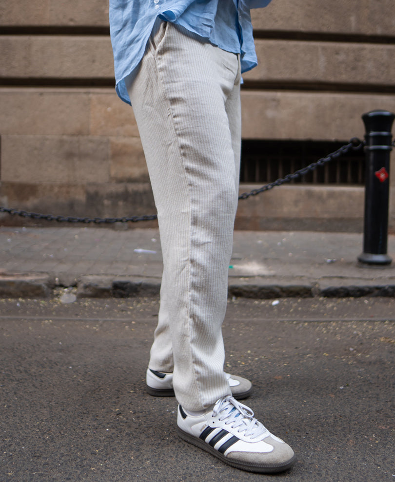 Beige Self Stripe Linen Pant