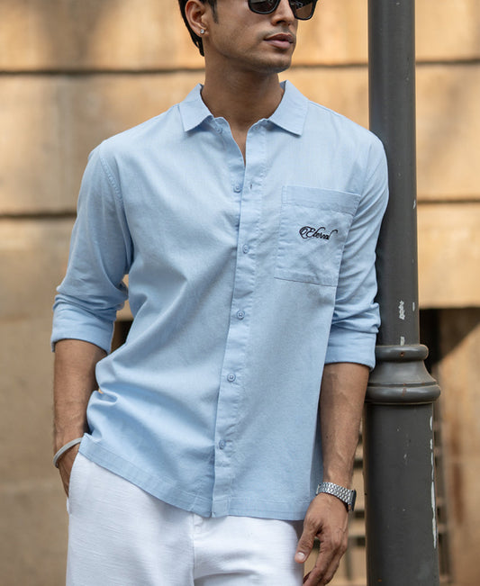 Blue Linen Blend Embroidered Shirt