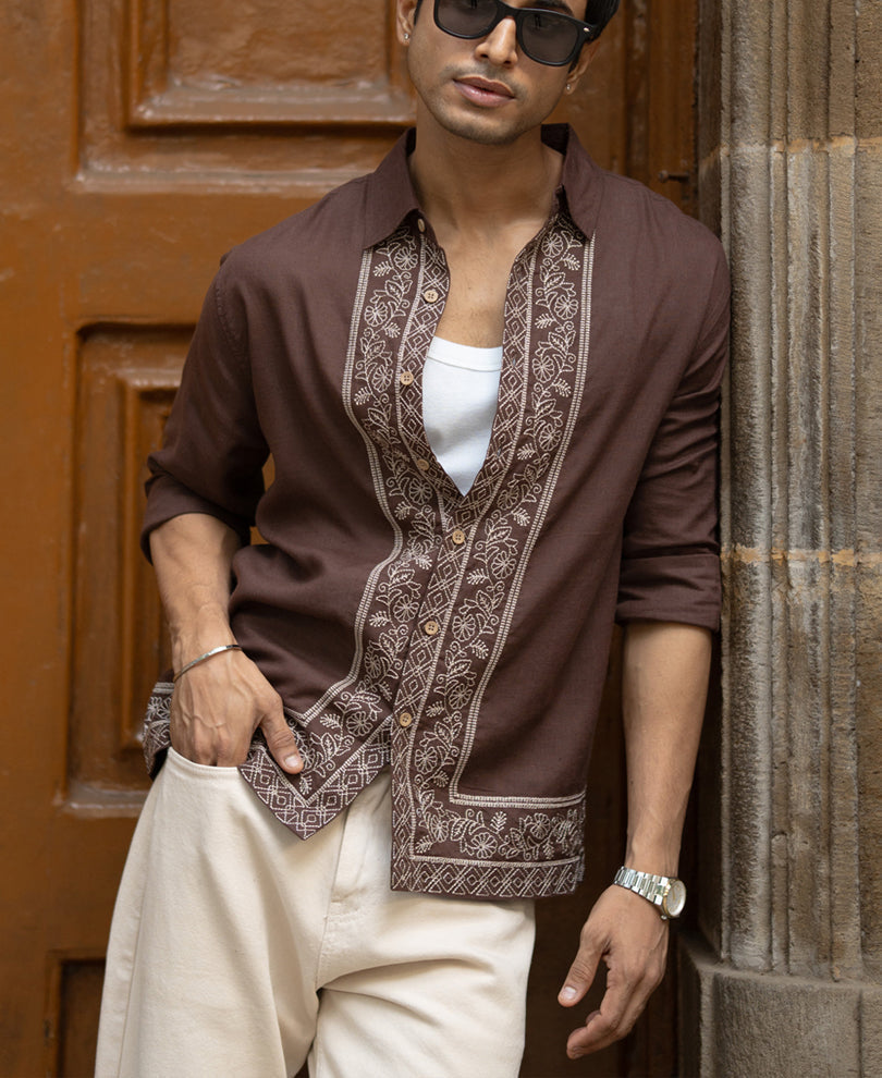 Dark Brown Linen Blend Embroidery Shirt