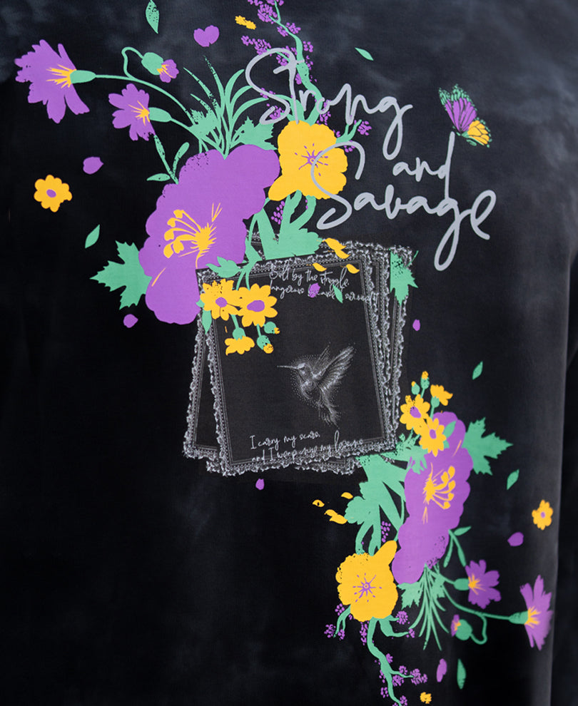 Black Washed Floral Print T-Shirt 100% Cotton