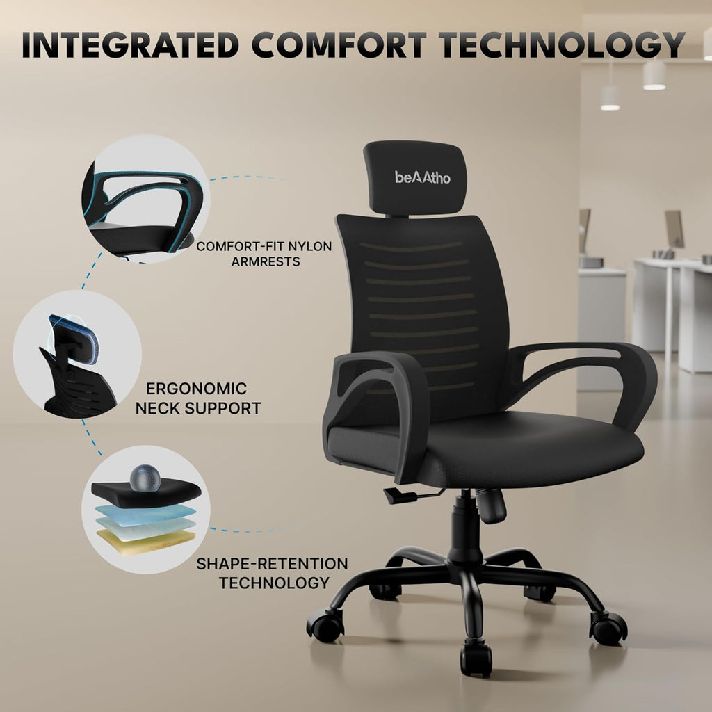 beAAtho® Verona Mesh High Back Ergonomic Home Office Chair with 3-Years Limited Warranty by beAAtho, Tilting & Height Adjustable Mechanism, Heavy Duty Metal Base Ideal for Office Work & Study (Black)