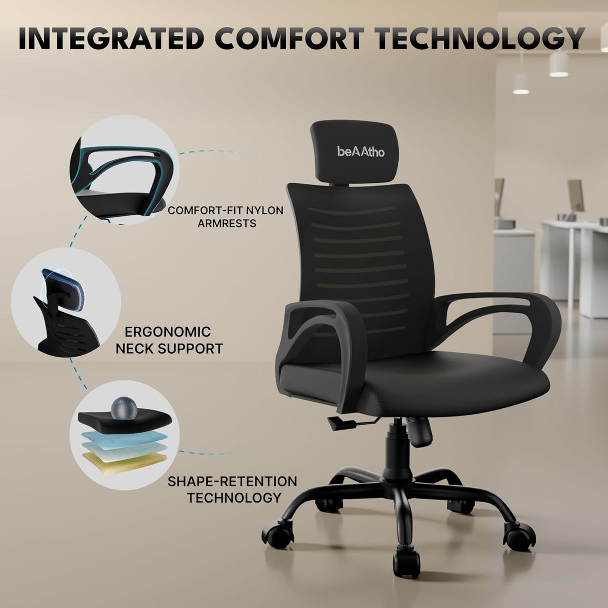 beAAtho® Verona Mesh High Back Ergonomic Home Office Chair with 3-Years Limited Warranty by beAAtho, Tilting & Height Adjustable Mechanism, Heavy Duty Metal Base Ideal for Office Work & Study (Black)