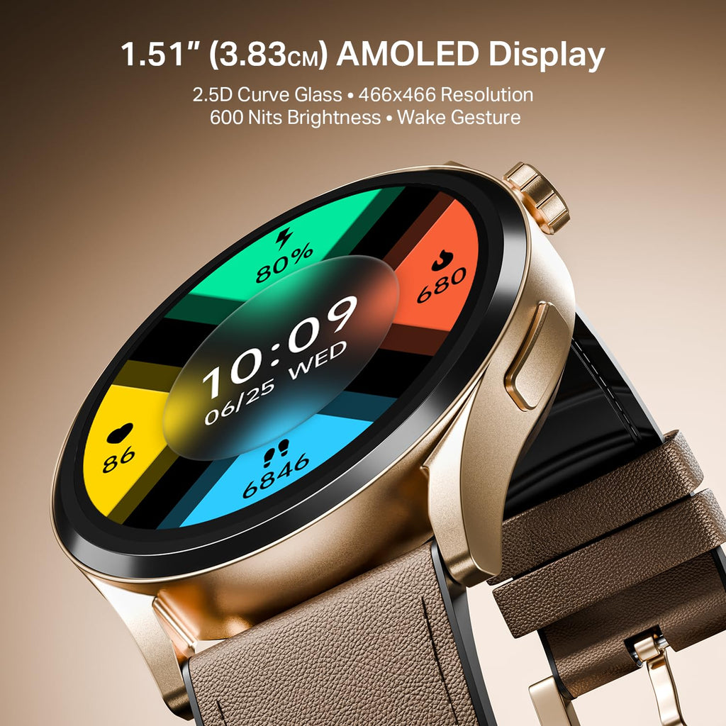 Boat Chrome Horizon, Premium Metal Body, Video Watch Faces, 1.51”(3.83cm) AMOLED Round Display, HRV & VO2 Max, Auto-Activity Detection, ASAP Charge, HRV Smartwatch for Men & Women (Coco Brown)