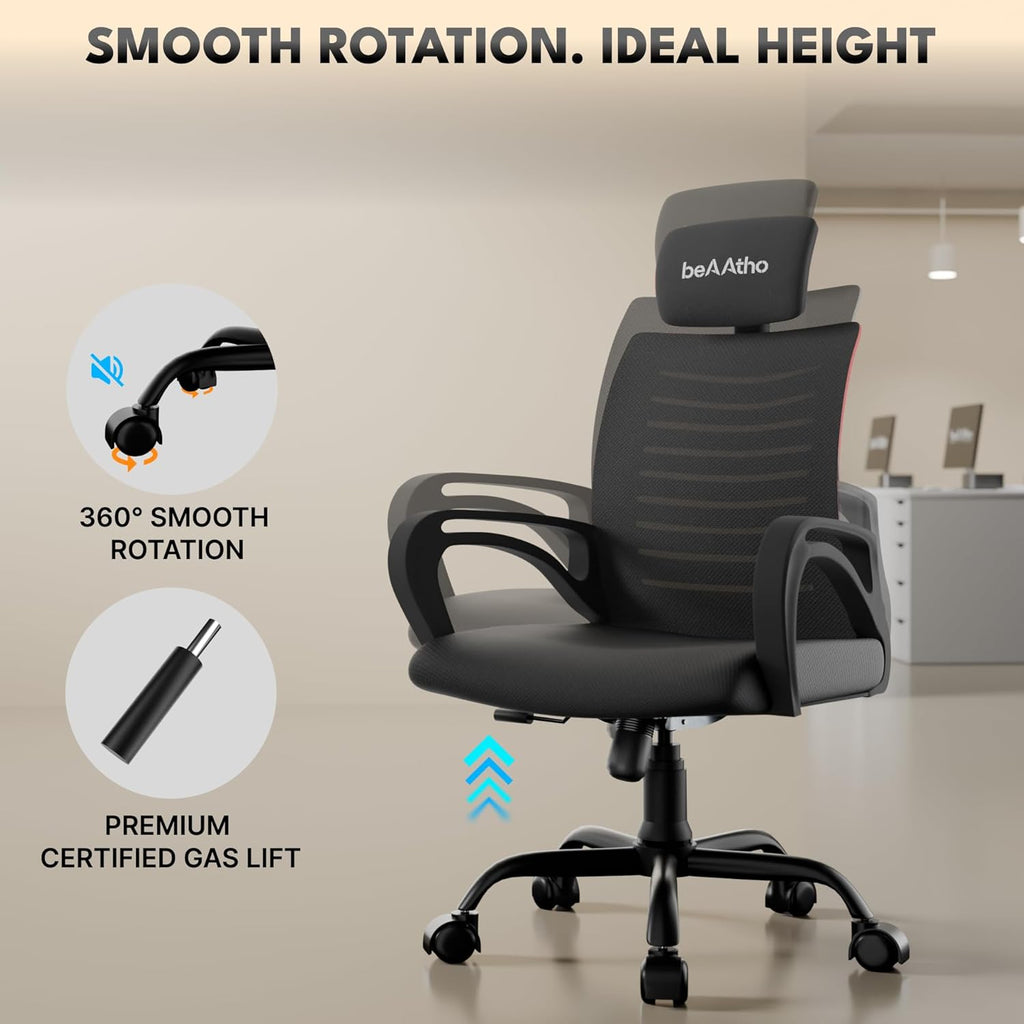 beAAtho® Verona Mesh High Back Ergonomic Home Office Chair with 3-Years Limited Warranty by beAAtho, Tilting & Height Adjustable Mechanism, Heavy Duty Metal Base Ideal for Office Work & Study (Black)