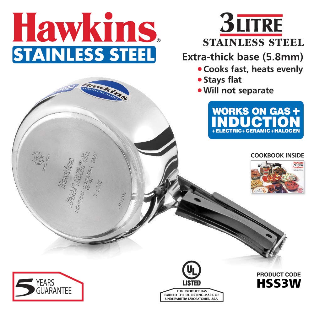 Click to see full view   2 VIDEOS     2+ Hawkins 3 Litre Inner Lid Pressure Cooker, Stainless Steel Cooker, Induction Cooker, Silver (HSS3W)