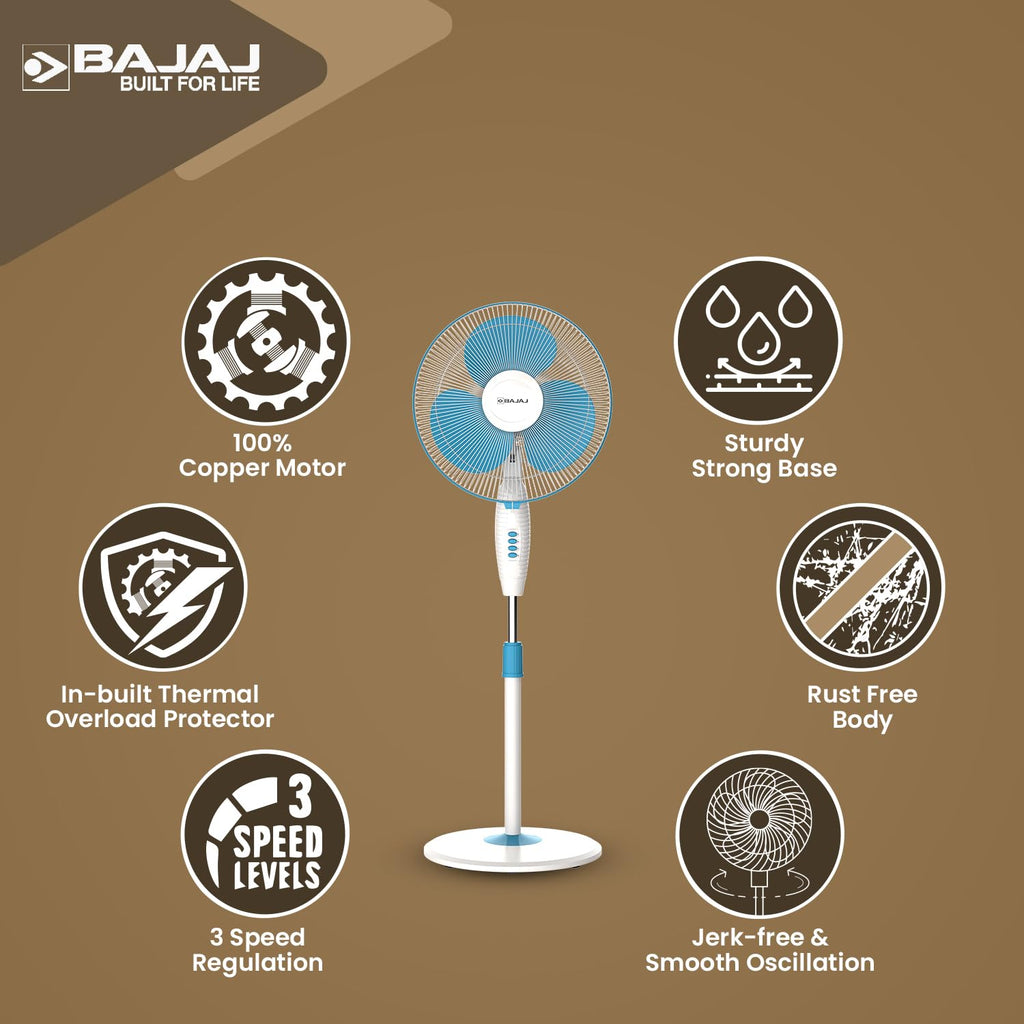 Bajaj Frore Neo 400 MM Oscillating Pedestal Fan For Home | Aerodynamically Balanced Blades | 100% Copper Motor | High Air Delivery | 3-Speed Control | Rust Free | 2 Yrs Warranty