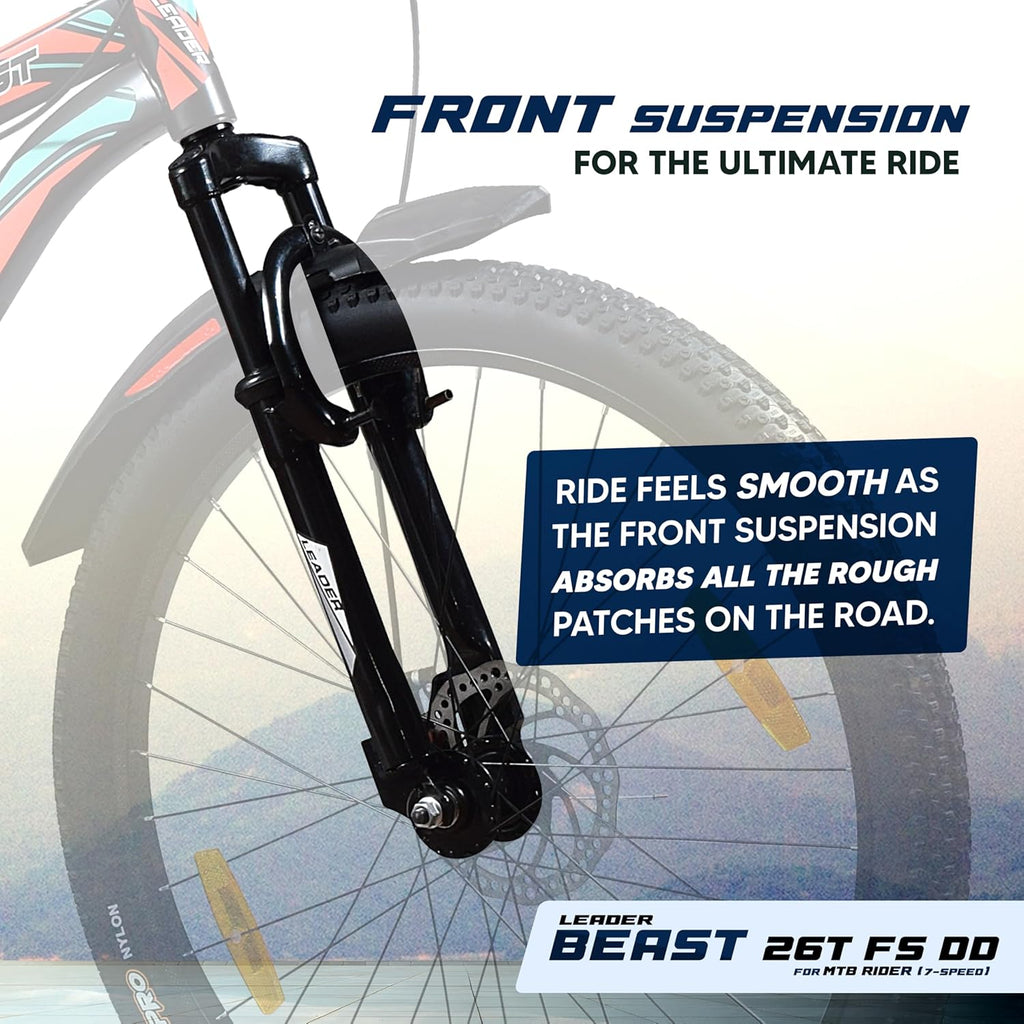 Leader Beast 26T IBC Premium 7 Speed Cycle for Men with inbuilt Carrier | City/Mountain Bike with Front Suspension & Dual Disc Brakes | Gear Bicycle for Men | Ideal for 10+ Years – Matt Black