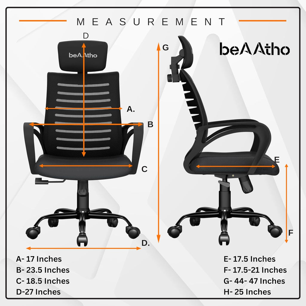 beAAtho® Verona Mesh High Back Ergonomic Home Office Chair with 3-Years Limited Warranty by beAAtho, Tilting & Height Adjustable Mechanism, Heavy Duty Metal Base Ideal for Office Work & Study (Black)