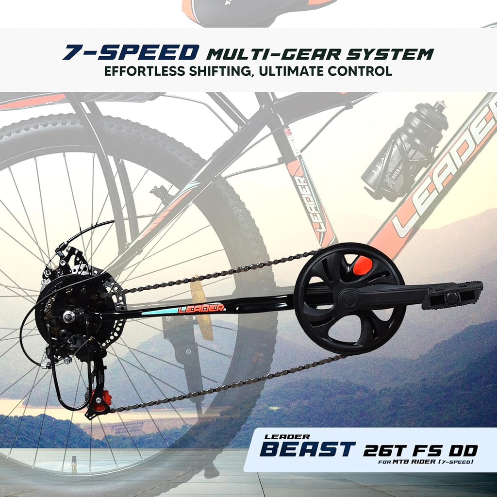 Leader Beast 26T IBC Premium 7 Speed Cycle for Men with inbuilt Carrier | City/Mountain Bike with Front Suspension & Dual Disc Brakes | Gear Bicycle for Men | Ideal for 10+ Years – Matt Black