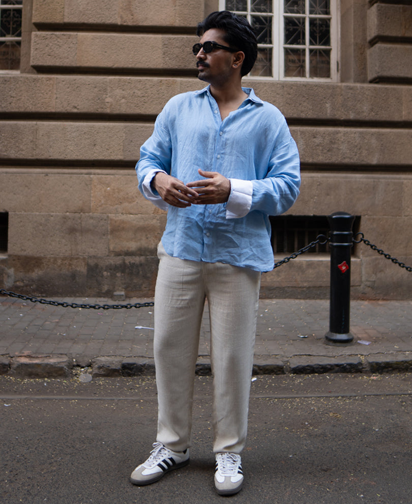 Beige Self Stripe Linen Pant