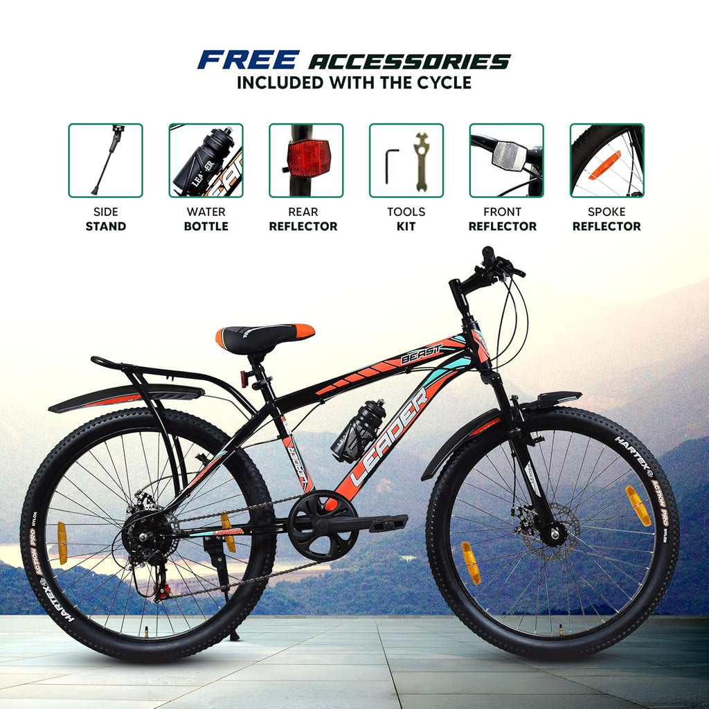 Leader Beast 26T IBC Premium 7 Speed Cycle for Men with inbuilt Carrier | City/Mountain Bike with Front Suspension & Dual Disc Brakes | Gear Bicycle for Men | Ideal for 10+ Years – Matt Black